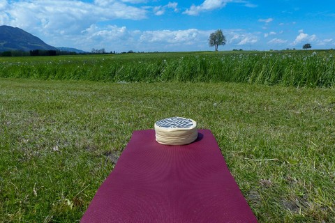 Yogamatte in grüner Wiese mit Bergblick
